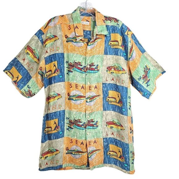 Vintage BURMA BIBAS Travel Adventure Boat Plane Scooter Wild Silk Button Up - Picture 1 of 8